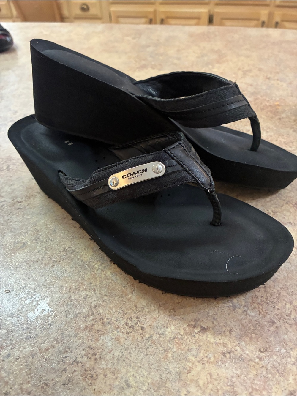 Coach Black Wedge Thong Sandals with Logo Plaque